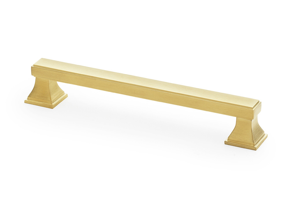 Satin brass Jesper square pull handle with stepped pyramid pedestals and solid brass construction