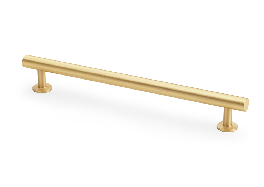 Alexander & Wilks round T-bar pull handles in satin brass available in 128mm, 160mm and 192mm sizes
