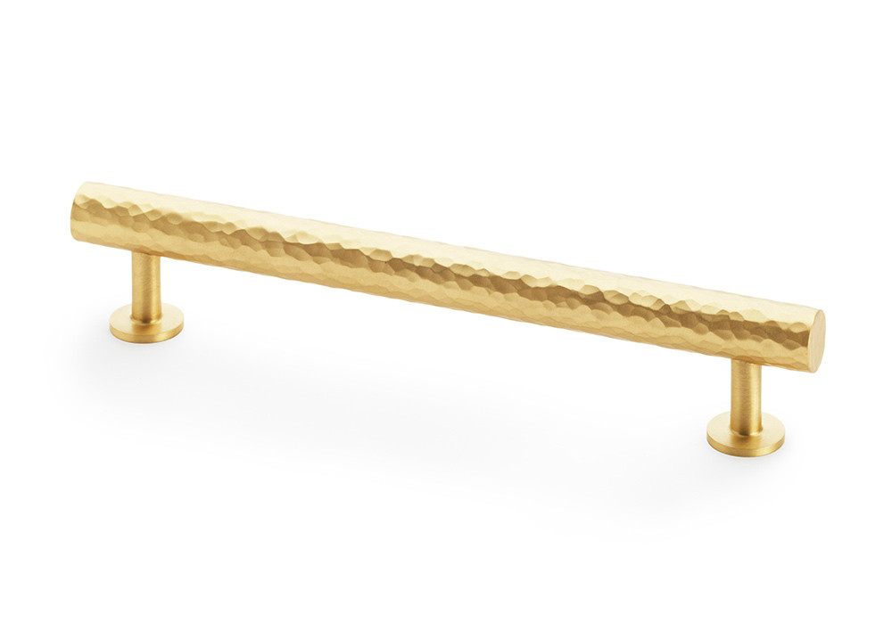 Satin brass hammered T-bar pull handle with textured solid brass design and 160mm fixing centres