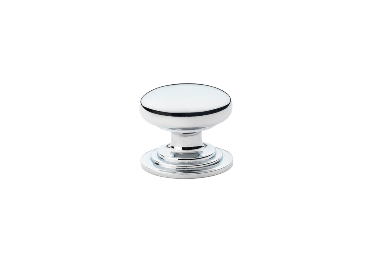 Alexander & Wilks AW825-32-PC Waltz Round Cabinet Knob on stepped rose in polished chrome finish, solid brass construction with 32mm diameter for cabinet doors and drawer fronts