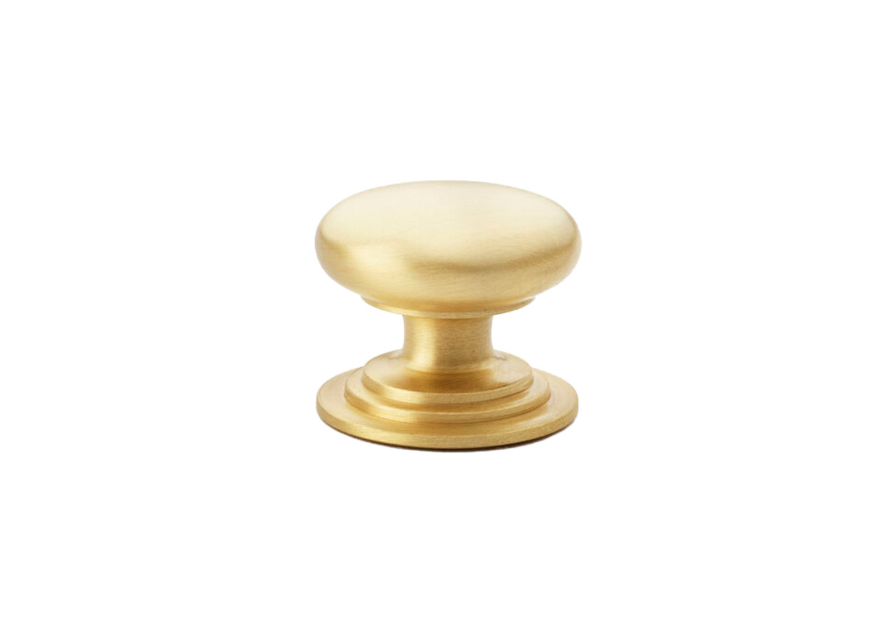 Alexander & Wilks AW825-38-SB Waltz Round Cabinet Knob on stepped rose in satin brass finish, solid brass construction with 38mm diameter for cabinet doors and drawer fronts