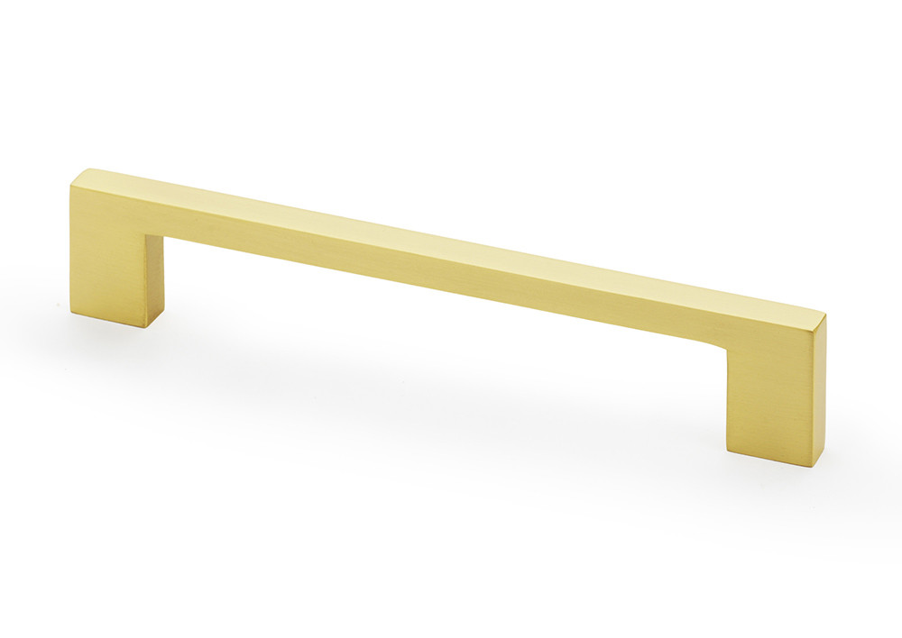 Satin brass slim rectangular pull handle with solid brass construction and 128mm fixing centres