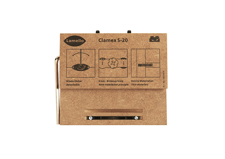 Lamello Clamex S-20 sample set demonstrating a concealed detachable furniture connector