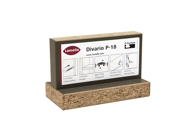 Lamello Divario P-18 connector sample demonstrating a concealed P-System sliding joint for fixed shelves and furniture assembly.