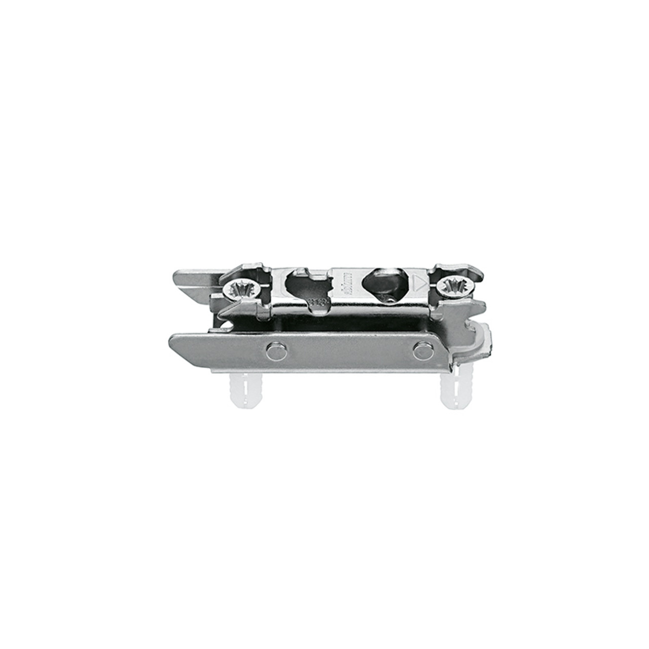 Horizontal mounting plate 177H3130E made of steel with a nickel finish. Features pre-mounted Ø5mm split dowels