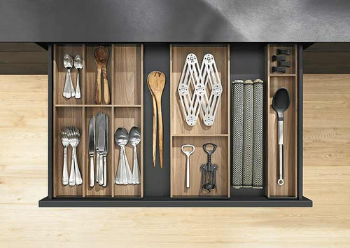 AMBIA-LINE cutlery insert in Bardolino Oak combined with drawer frames for organised layouts