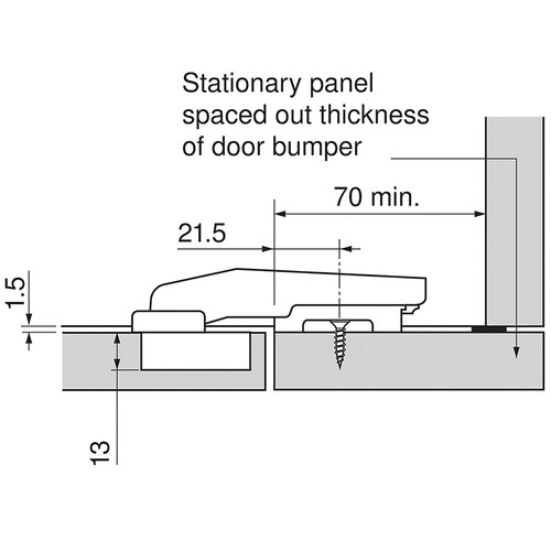 Blum 79B9550 blind corner hinge installation diagram showing 21.5mm mounting plate position and panel alignment with door