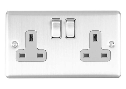 Enhance Decorative 2 Gang Socket - Satin Stainless Steel - Grey Trim Enhance Decorative 2 Gang Socket - Satin Stainless Steel - Grey Trim