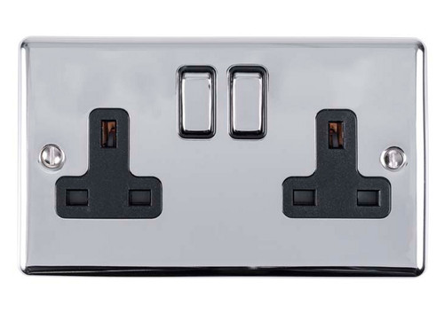 Enhance Decorative 2 Gang Socket - Polished Chrome - Black Trim