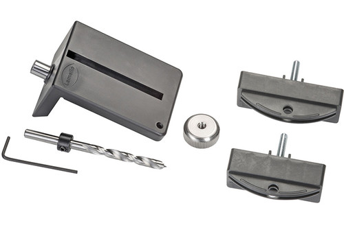 Drilling jig for use with Lamello Clamex P-14 and P-10 fittings to access the integrated rotating lever arm