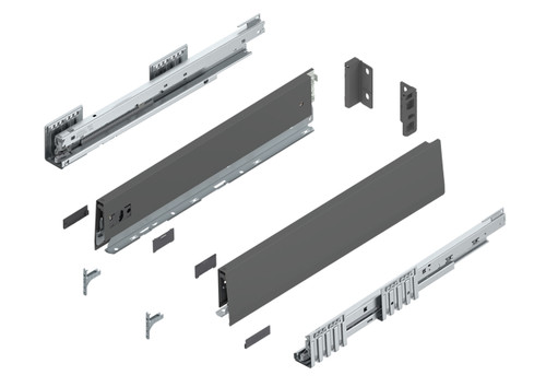 Blum MERIVOBOX M Height 91mm Drawer Kit - showing runners, sides, fixing brackets, and covers