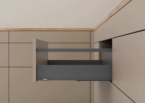 Finished MERIVOBOX E Height 192mm drawer with gallery rails in orion grey, built from Blum component kit - ideal for high-sided kitchen storage.