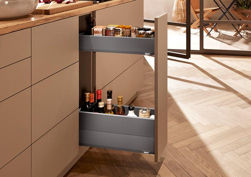MERIVOBOX 250mm pull-out drawer with Orion Grey metal infill sides. MERIVOBOX 250mm pull-out drawer with Orion Grey metal infill sides.