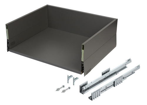 Blum MERIVOBOX BOXCAP drawer box, pre-assembled 300mm, high-sided metal walls, full-extension soft-close runners, and front fixing brackets