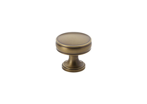 Alexander & Wilks AW808-32-AB Lynd Cupboard Knob in antique brass finish, solid brass construction with smooth profile for cabinet doors and drawer fronts.