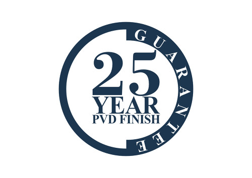 Alexander & Wilks 25-Year PVD Finish Guarantee badge, highlighting long-term durability and corrosion resistance for satin brass hardware