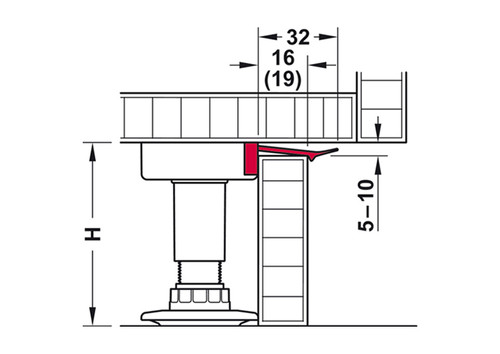 Häfele AXILO plinth holder 637.47.490 for 19 mm plinth panel — technical diagram