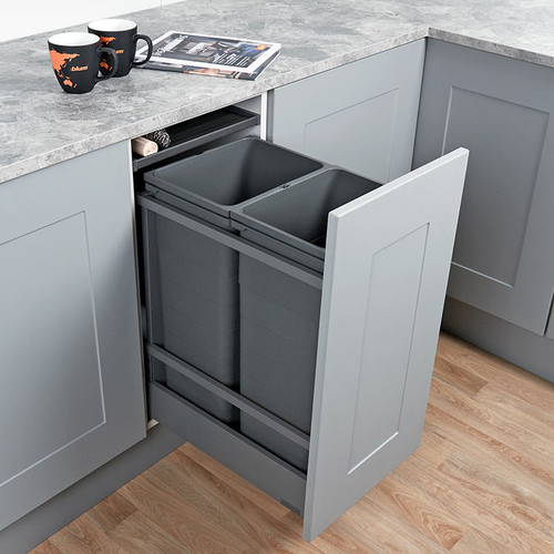 Blum MERIVOBOX 400mm waste bin drawer with 500mm runners showing twin bin configuration 52L and 64L options
