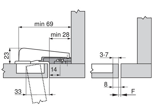 In-depth illustration of the 99B9550 blind corner hinge installation requirements