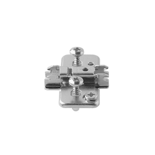 174H7130E Nickel plated CLIP cruciform mounting plate with cam, highlighted by its EXPANDO Ø5mm pre-mounted screws with split dowels.
