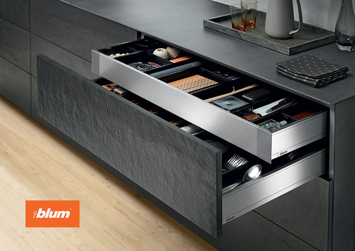 LEGRABOX inner drawer in a stainless steel finish, complemented by AMBIA-Line storage solutions