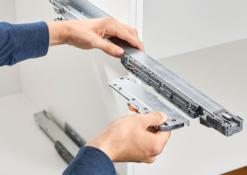 Installing Blum TIP-ON BLUMOTION latch to LEGRABOX or MOVENTO runner for mechanical push-to-open with soft-close drawer operation Installing Blum TIP-ON BLUMOTION latch to LEGRABOX or MOVENTO runner for mechanical push-to-open with soft-close drawer operation
