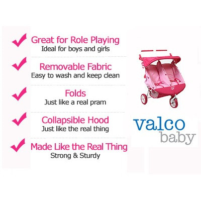 valco mini marathon twin pram features - foldable, easy to clean and great for pretend play