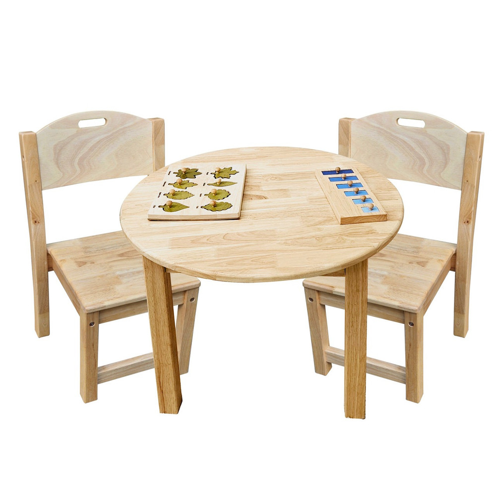 natural round kids table and larger chairs