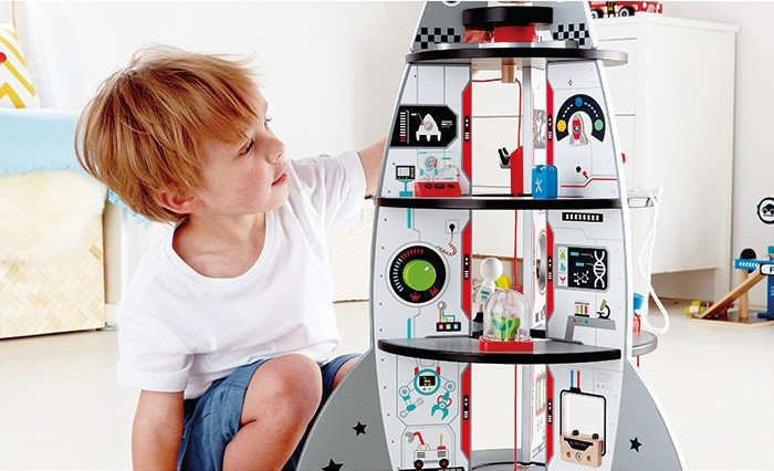 Hape Four-Stage Rocket Ship Bright and colorful natural wood design