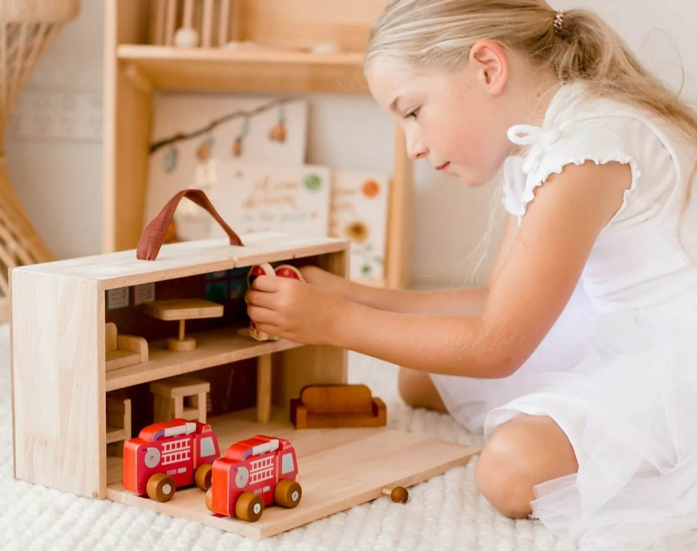 natural wooden pretend fire station set for kids