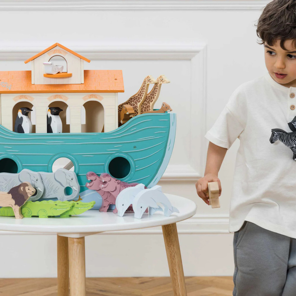 boy playing with classic wooden noah\'s ark