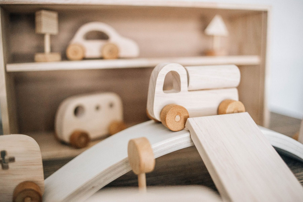 natural wooden toy car and vehicle play set