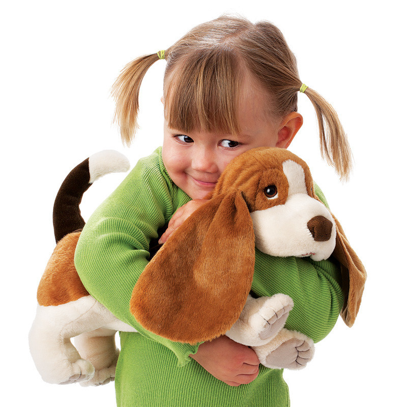 Girl Playing With Folkmanis Basset Hound Puppet