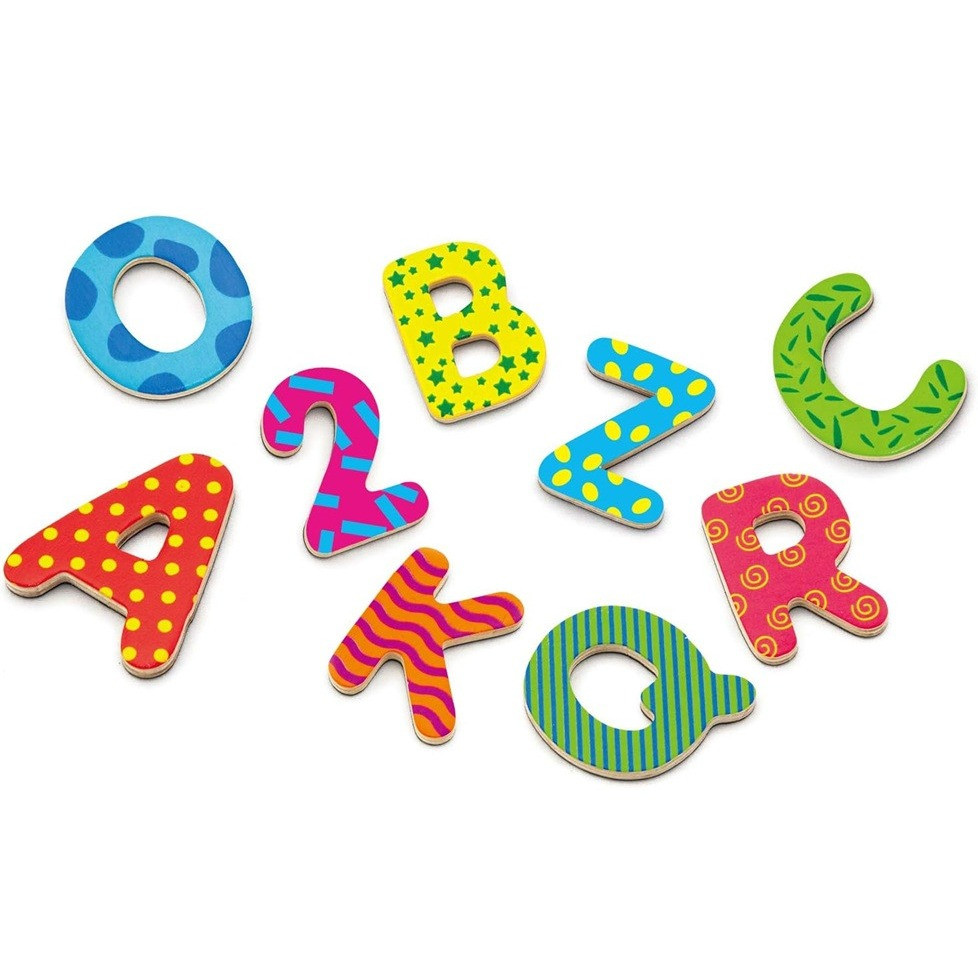 colourful kids learning magnetic alphabet and numbers set