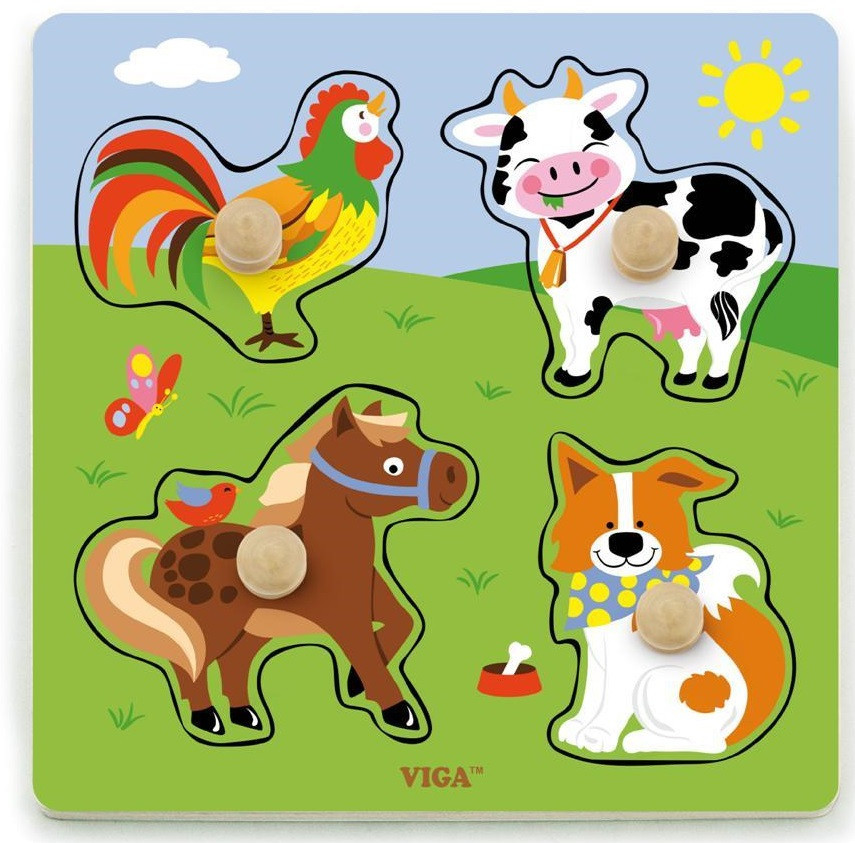 Viga Big Wooden Knob Puzzle - with 4 farm animals