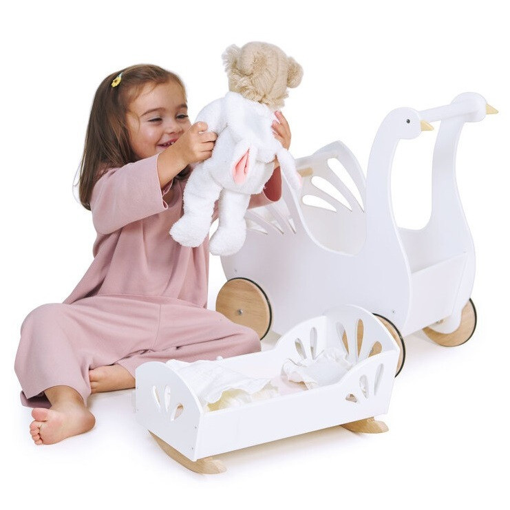 Tender Leaf Sweet Swan Doll Bed paired with the swan pram.