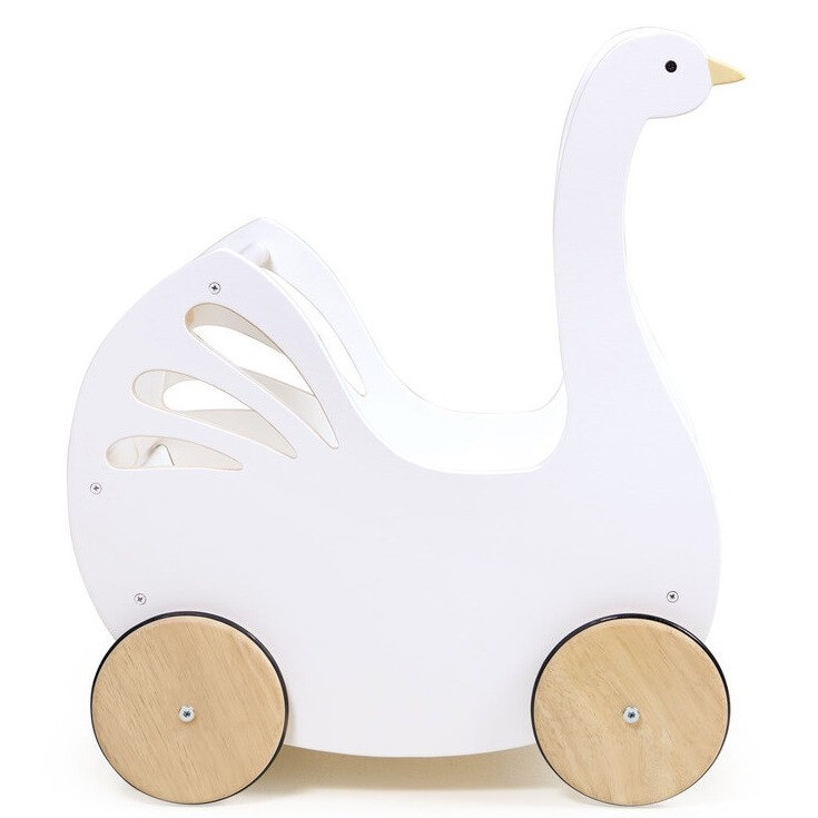This stunning pram comes in a bright white finish that is softened by the stunning silhouette of a swan.