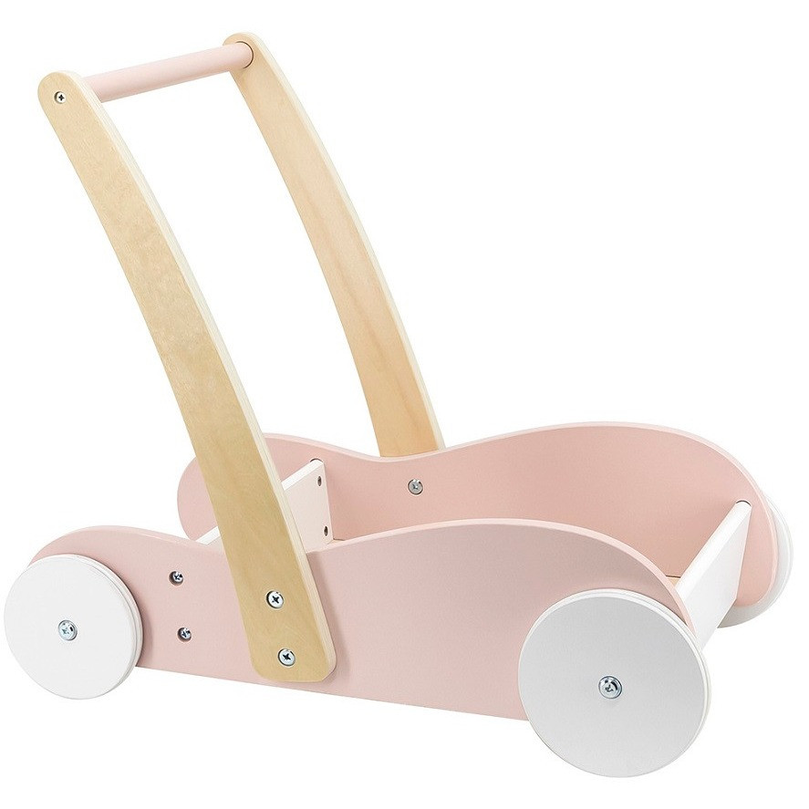 This beautiful baby walker in pink rides smooth thanks to the rubber lining on its wheels.