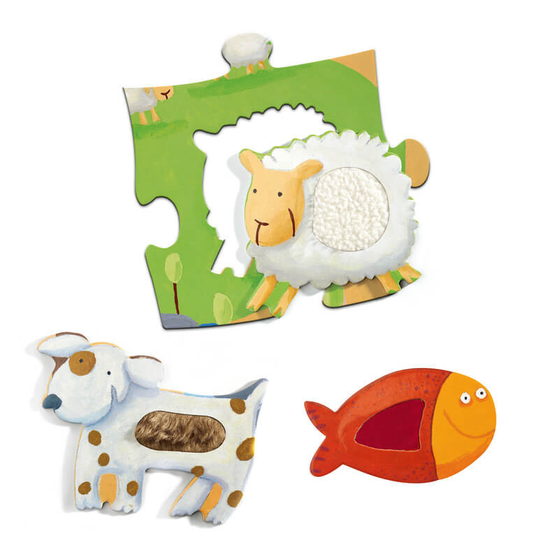 Some of the Djeco Tactile Farm 12pc Puzzle animals