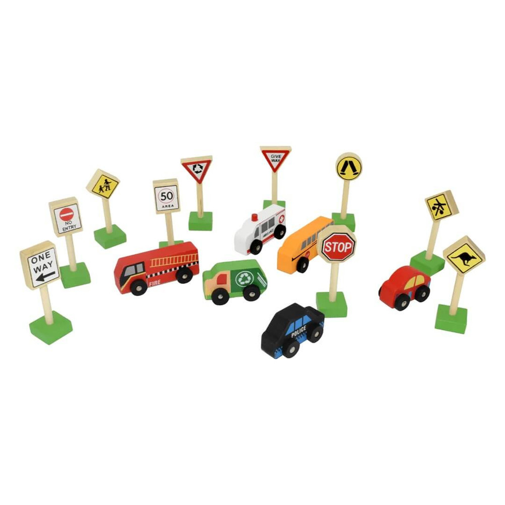 Fun Factory Wooden Car & Traffic Sign Set elements