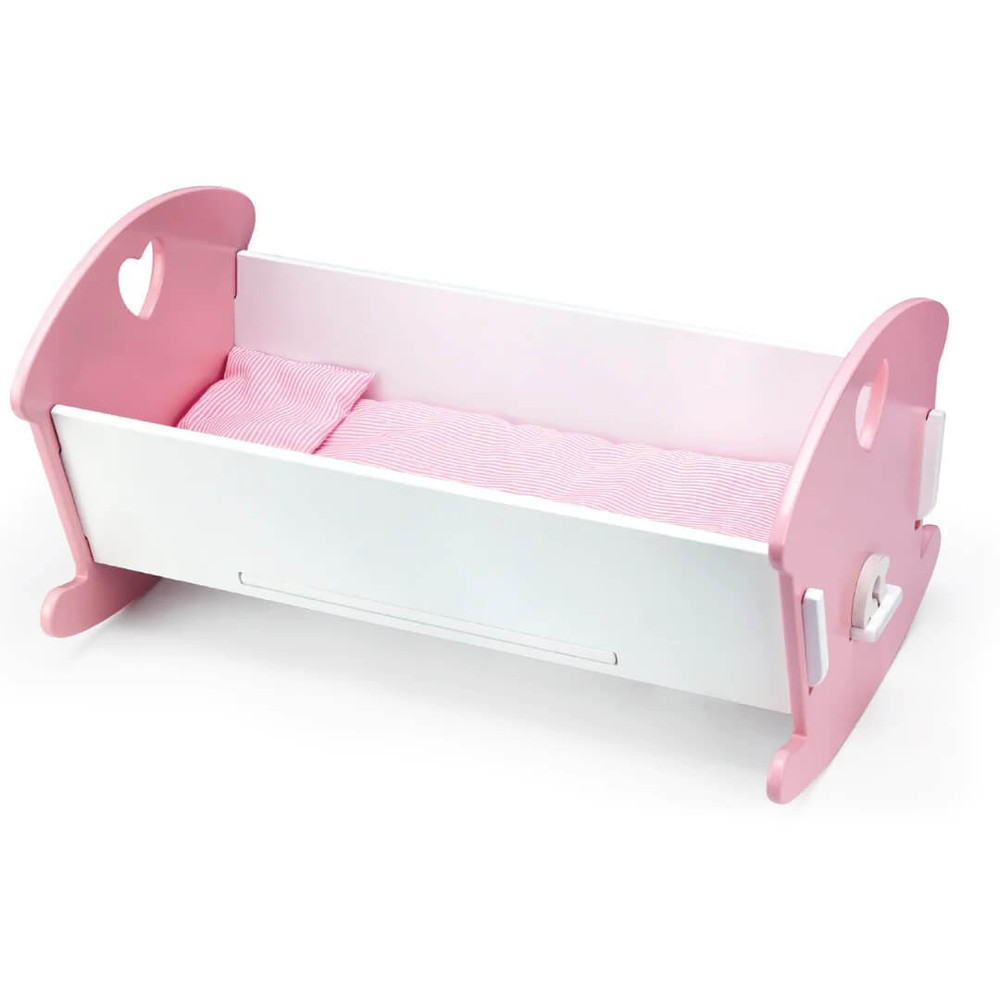 Fun Factory Wooden Doll Cradle has a beautiful pink and white theme