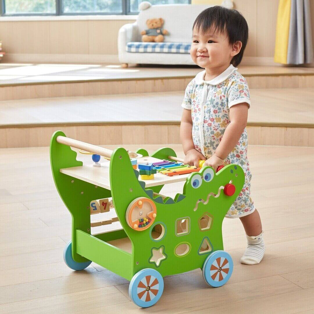 Viga Wooden Activity Walker - Crocodile with child