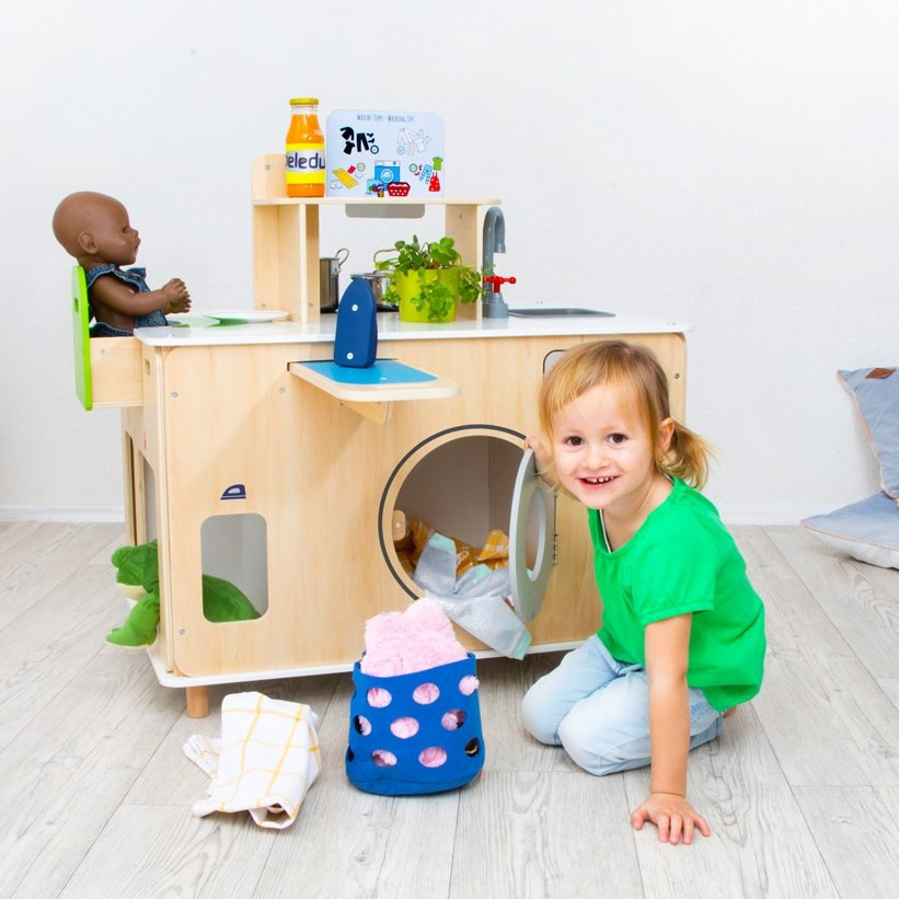 Beleduc All in One Home Corner Play Centre washing machine with girl