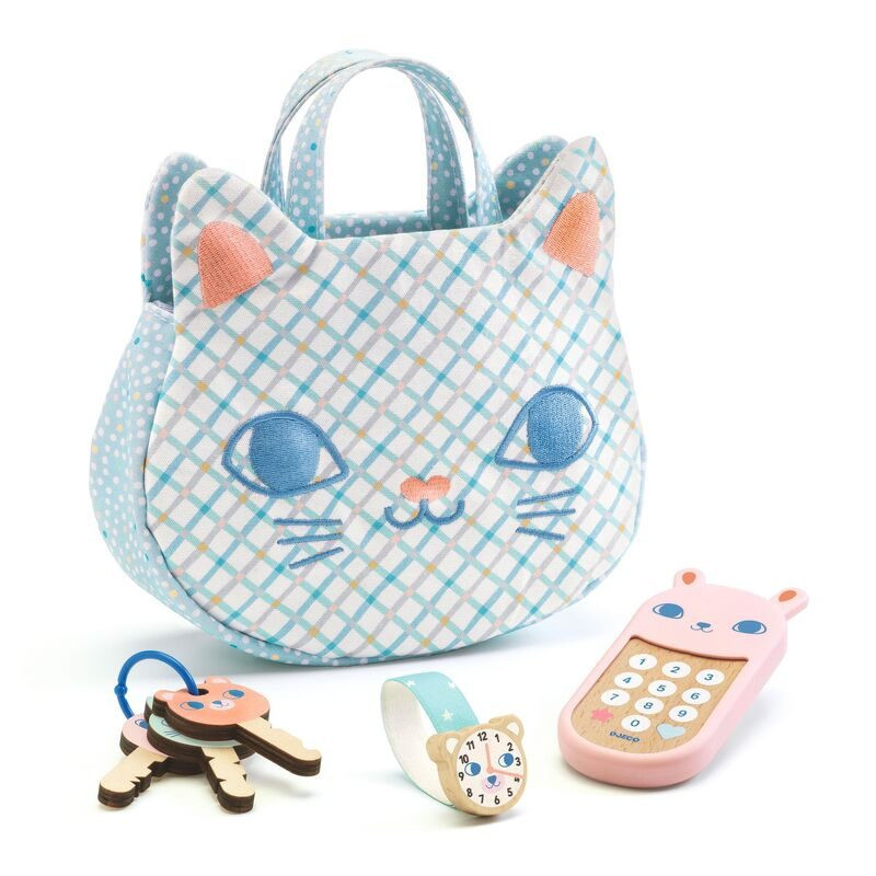 Djeco 7 piece Baby Cat Handbag with Phone, Keys and Accessories