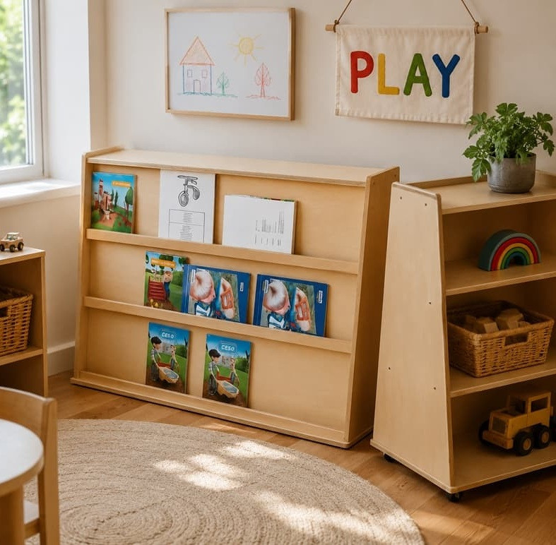 double sided wooden bookshelf and display