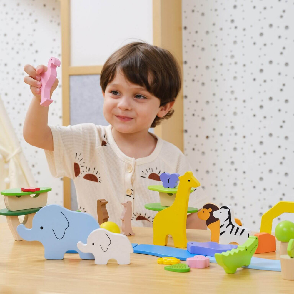 Wooden Animals & Nature Accessories Tray Set with boy