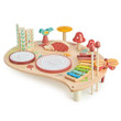 side view of wooden musical table with woodland theme