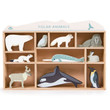 Animals include: orca, narwhal, snow hare, arctic fox, king penguin, owl, white stoat, walrus, elk, and a polar bear.