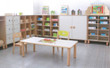 low rectangle table with stackable chairs