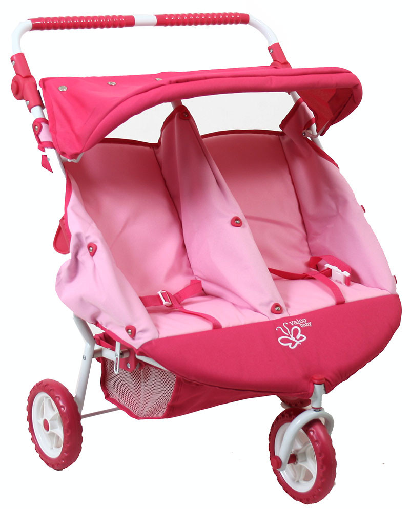 Double Stroller Toy Double Pram Folding Double Front-to-Back Doll Stroller  Pink/Gingham